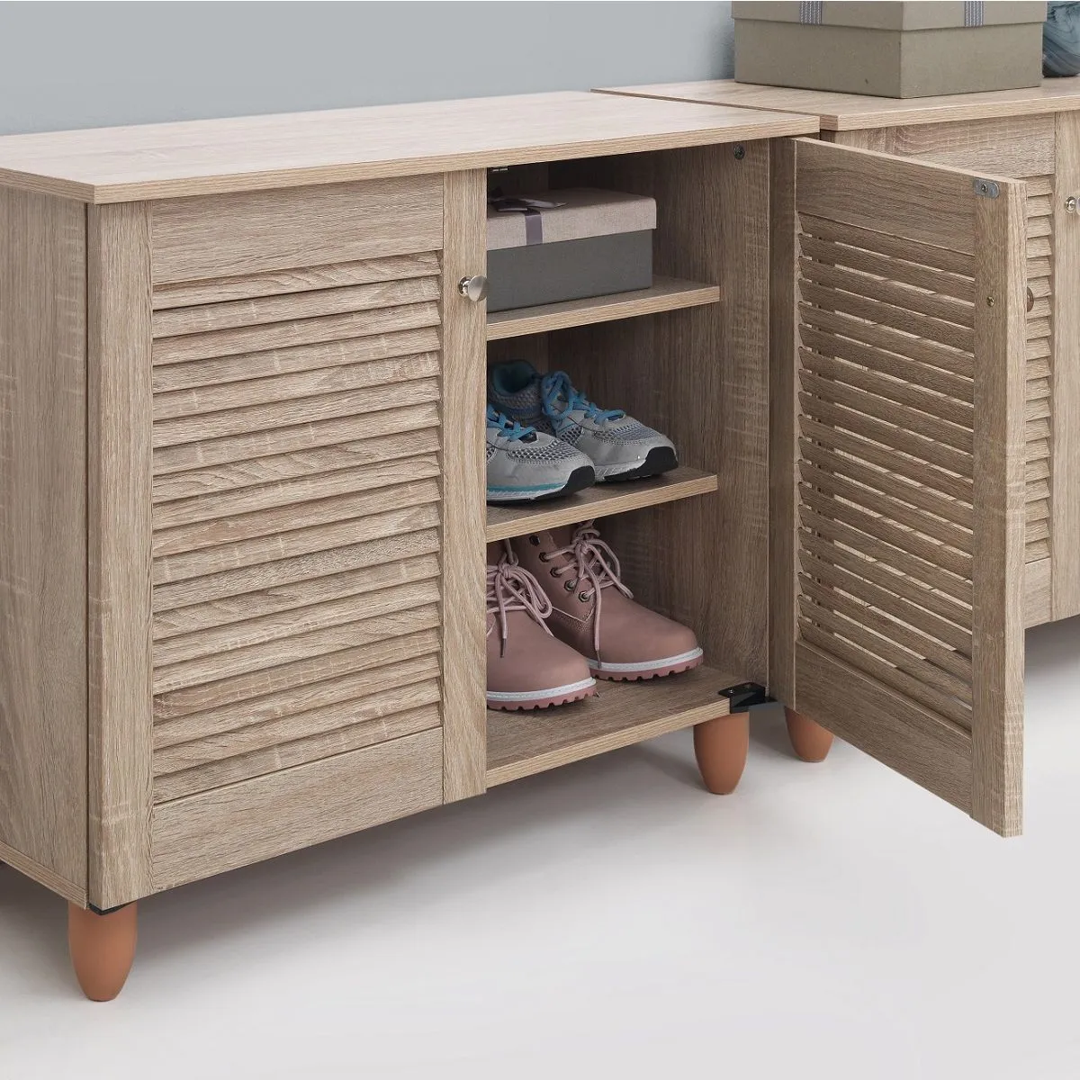 All Homely Basics Traditional 2 Door Shoe Cabinet in Dark Oak Finish with Metal Handles | Stores 8 Pairs of Shoes | H68cm W77cm D34cm