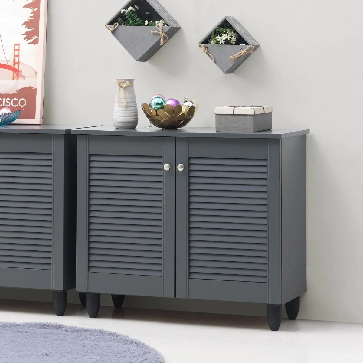 All Homely Basics Traditional 2 Door Shoe Cabinet in Dark Oak Finish with Metal Handles | Stores 8 Pairs of Shoes | H68cm W77cm D34cm