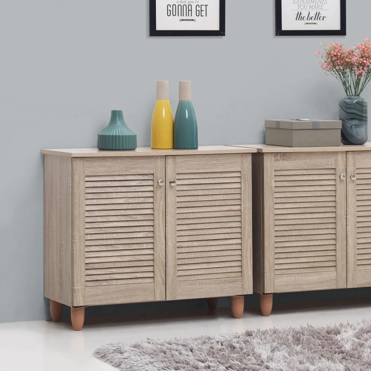 All Homely Basics Traditional 2 Door Shoe Cabinet in Dark Oak Finish with Metal Handles | Stores 8 Pairs of Shoes | H68cm W77cm D34cm