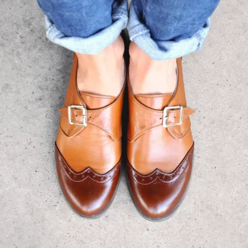 Custom Made Handmade Two Tone Premium Quality Two Tone Leather Wingtip Monk Strap Vintage Womens Shoes