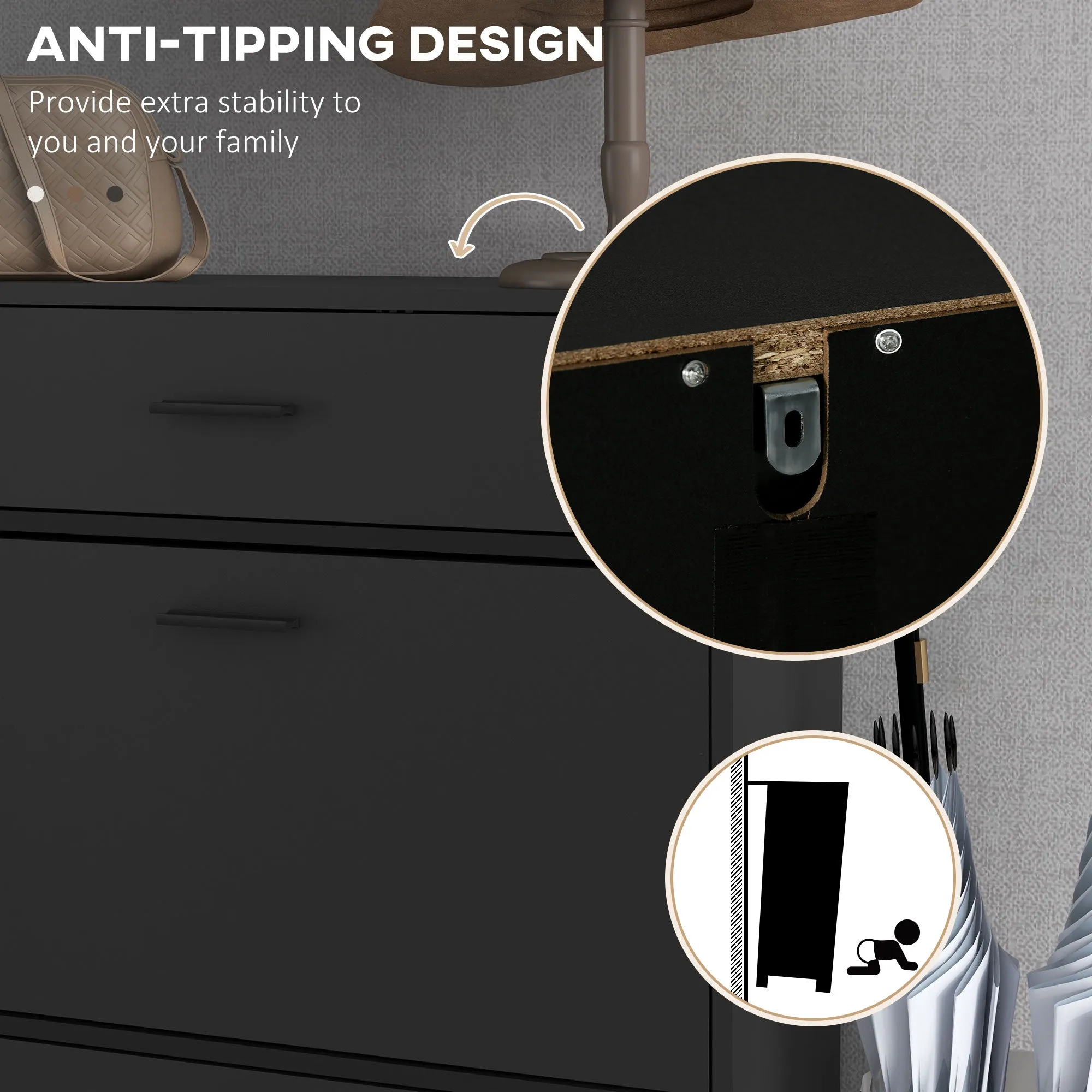 HOMCOM Shoe Storage Cupboard with 2 Flip Doors and Sliding out Drawer, Black