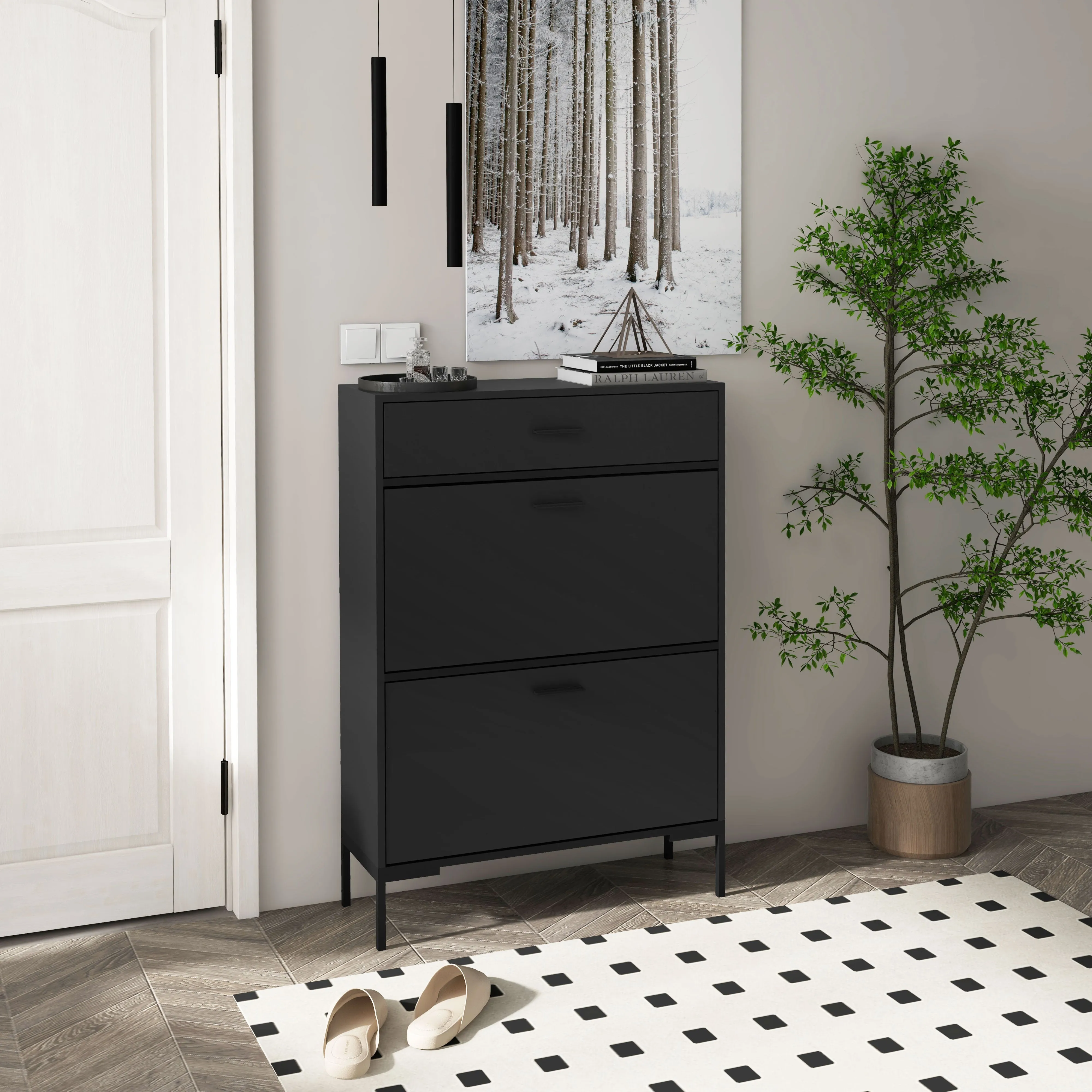 HOMCOM Shoe Storage Cupboard with 2 Flip Doors and Sliding out Drawer, Black