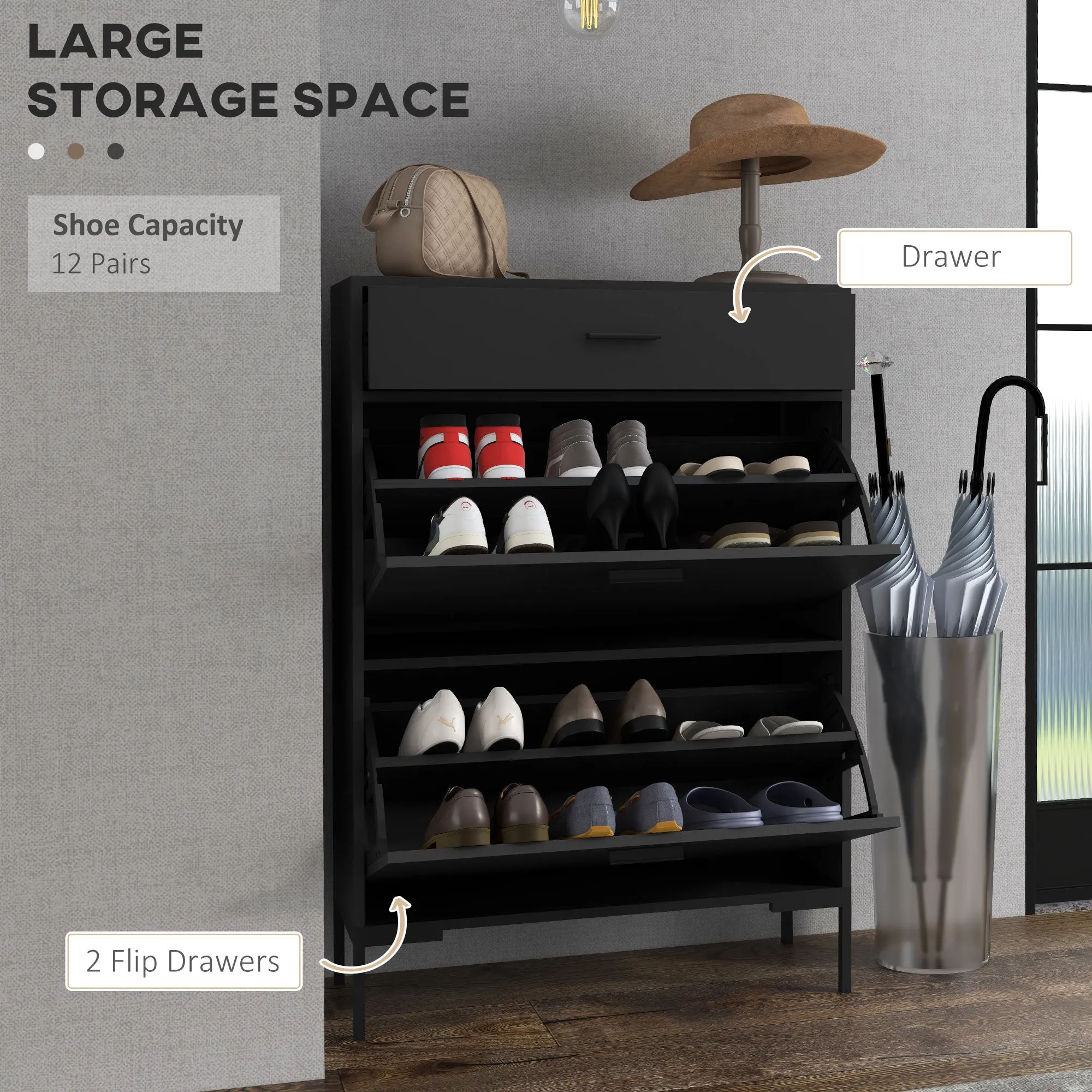 HOMCOM Shoe Storage Cupboard with 2 Flip Doors and Sliding out Drawer, Black