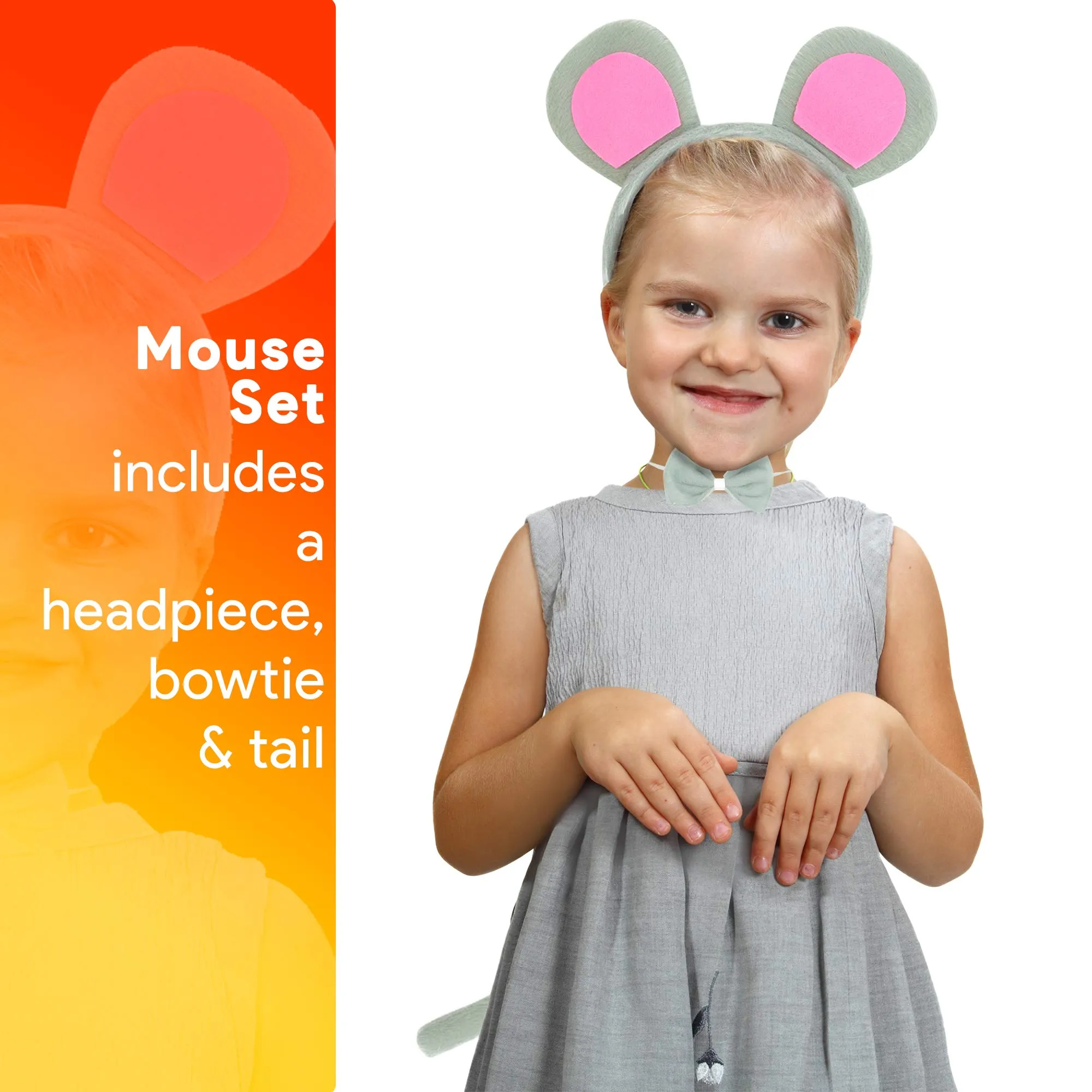 Mouse Costume Accessory Set - Grey and Pink Ears Headband, Bow Tie and Tail Accessories Set for Rat Costume for Toddlers and Kids