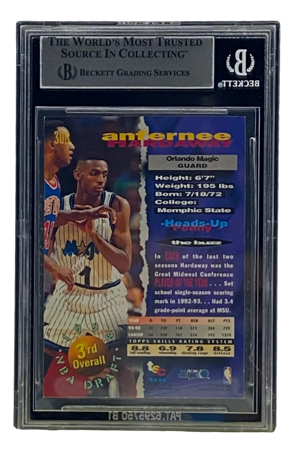 Penny Hardaway Signed Slabbed Orlando Magic 1993-94 Stadium Club #308 Card BAS